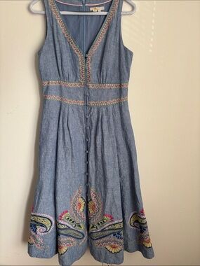 Boden Blue Linen Delicately Embroidered Sleeveless Maxi Dress 8R Cotton Lined